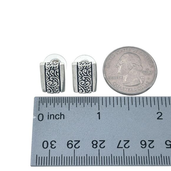 Vintage MD Sterling Silver 925 Rectangle Oxidized Scroll Design Pierced Earrings - Picture 5 of 6